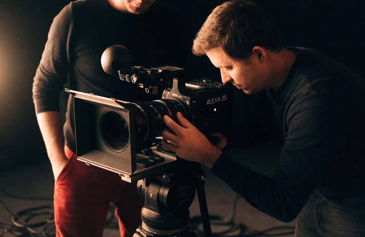 Cámara de cine ARRI sobre trípode en un set de entrevista nocturno, iluminada por un panel LED lateral