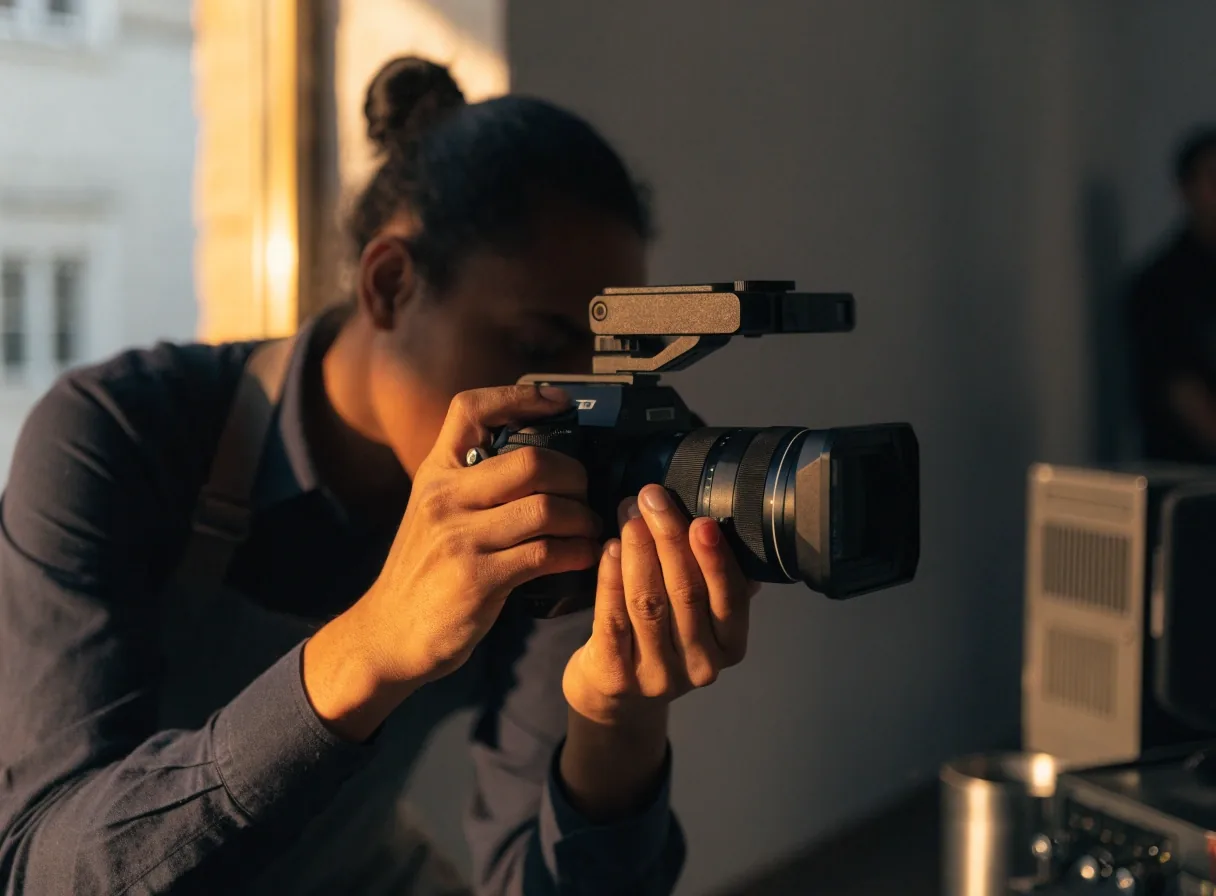 Cámara mirrorless de video sobre una superficie clara con una mano ajustando la empuñadura