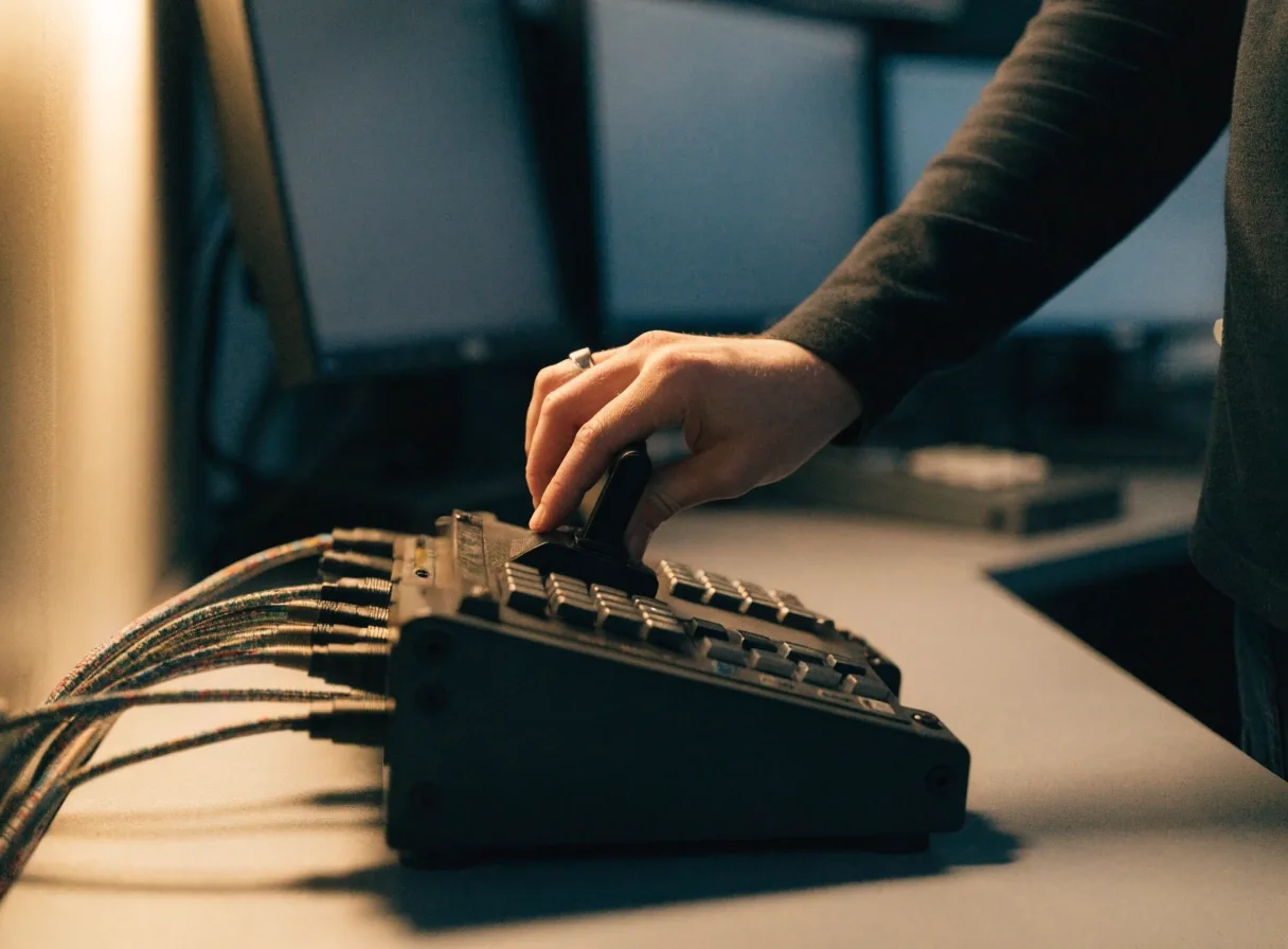 Switcher de video de estudio sobre un mostrador gris con cables trenzados