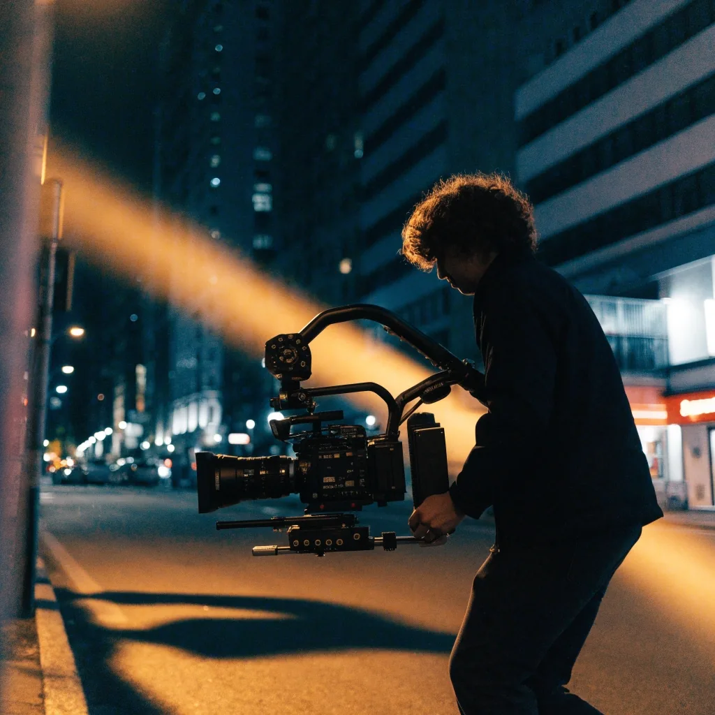 Cajón de acero gris con equipo de filmación, fotografiado de noche junto al muro
