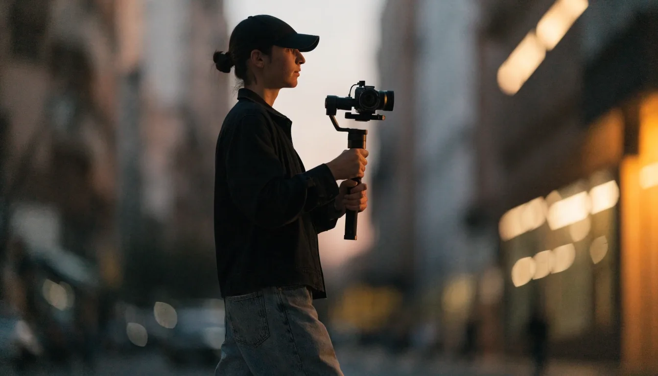 Cámara de cine large format sobre trípode en un set de entrevista nocturno