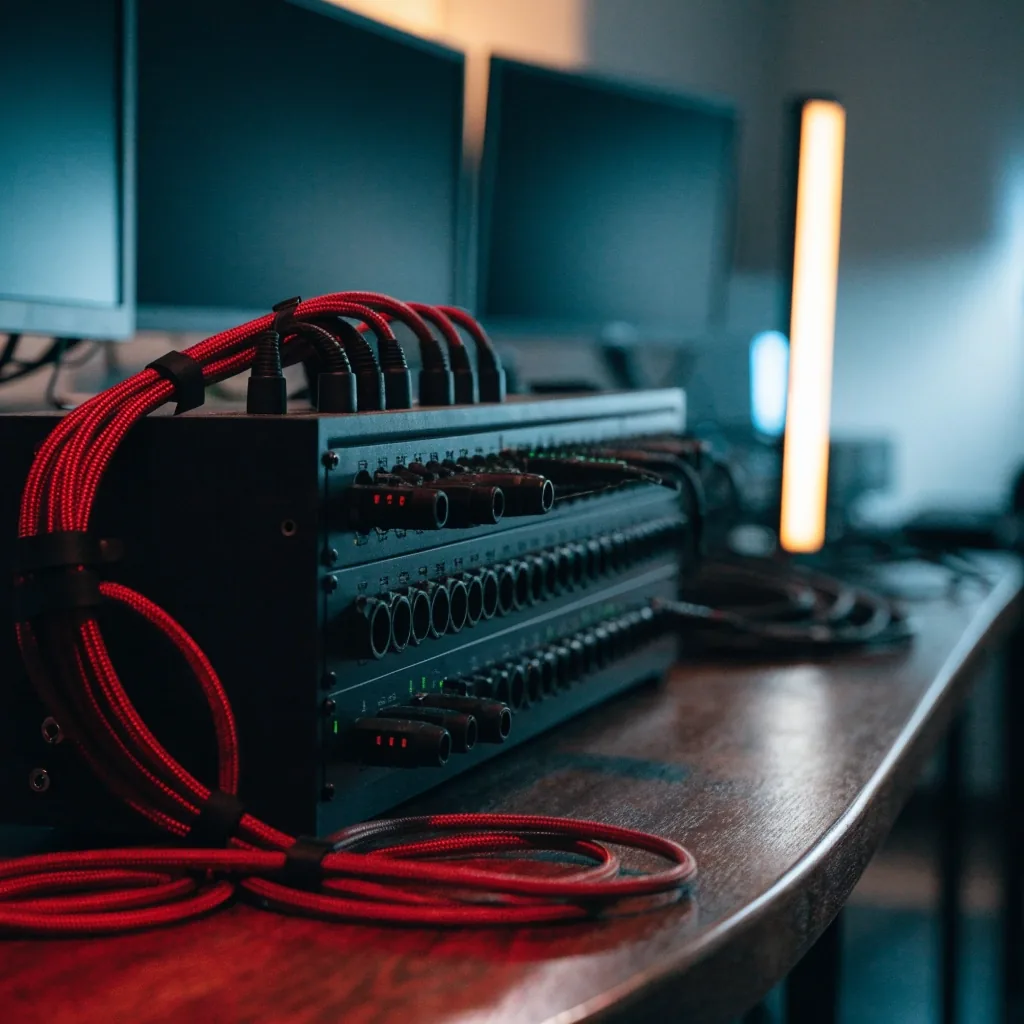 Equipos de video apoyados sobre una caja de carga en un pasillo de estudio