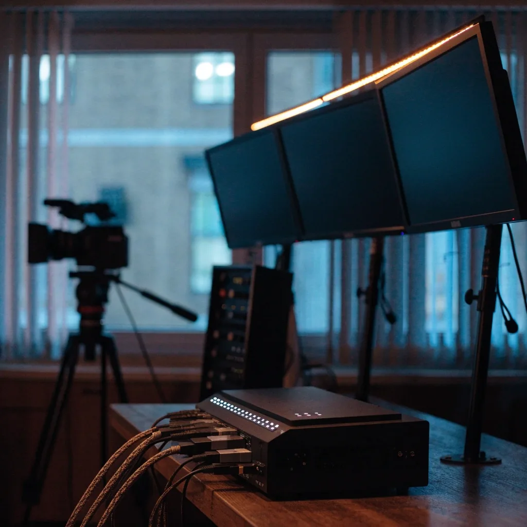 Rincón de un pequeño estudio de grabación iluminado de noche