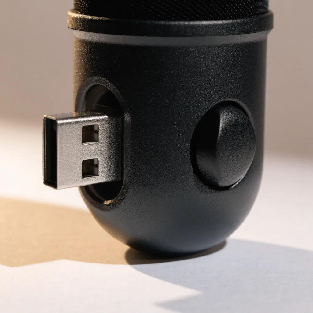 Detalle del conector y el dial trasero de un micrófono USB