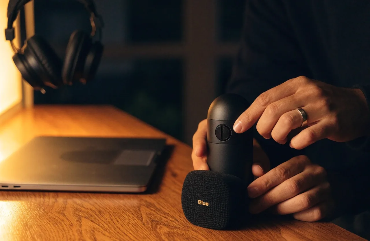 Equipos de audio apilados sobre cajones grises en un taller nocturno