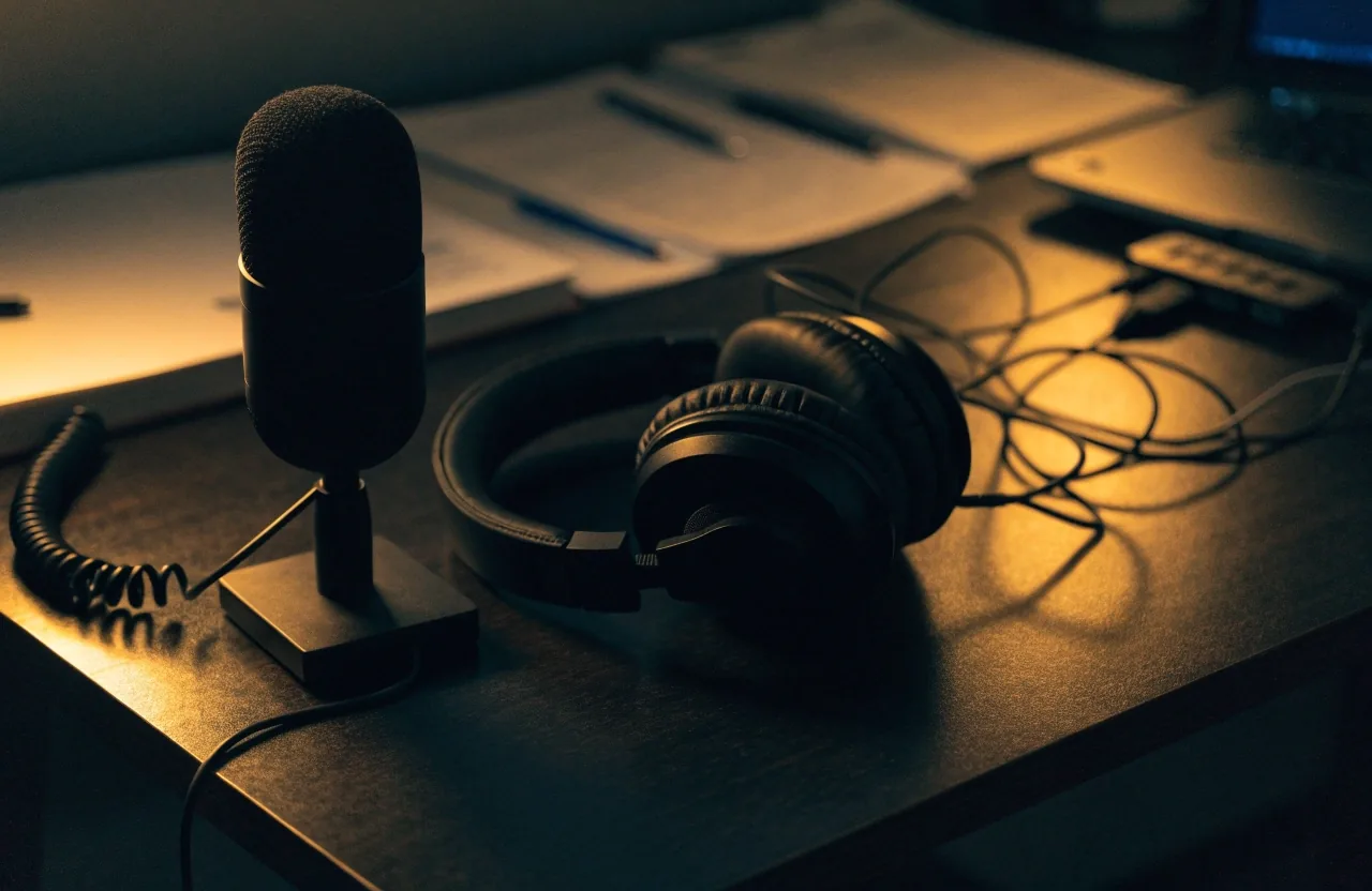 Escritorio de creador de noche con micrófono USB y cables