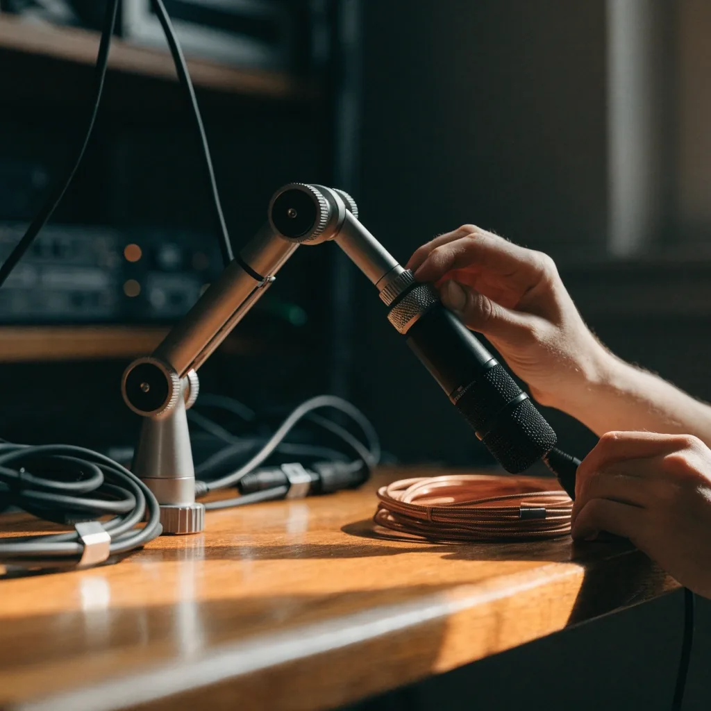 Rincón de estudio con pie de micrófono, brazo articulado y cables