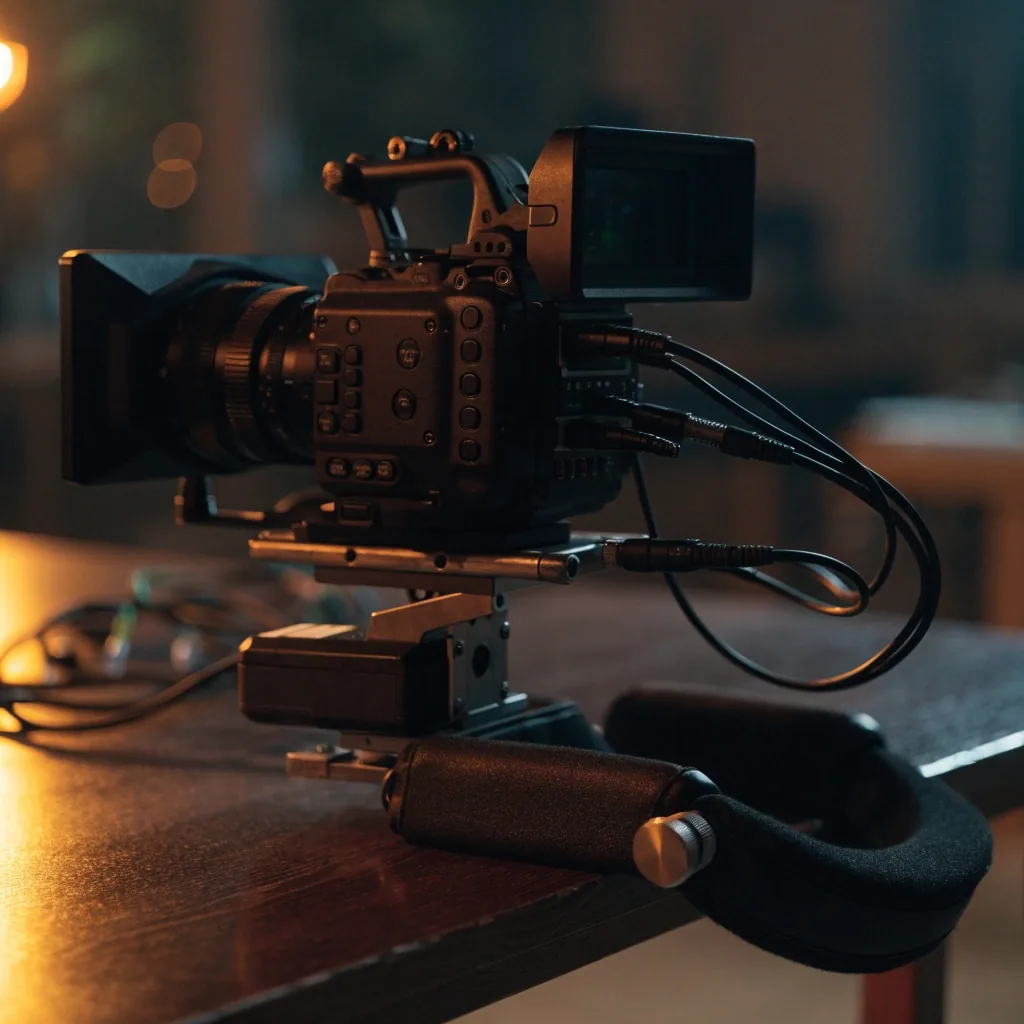 Cajas abiertas con equipos de filmación sobre una mesa de trabajo nocturna
