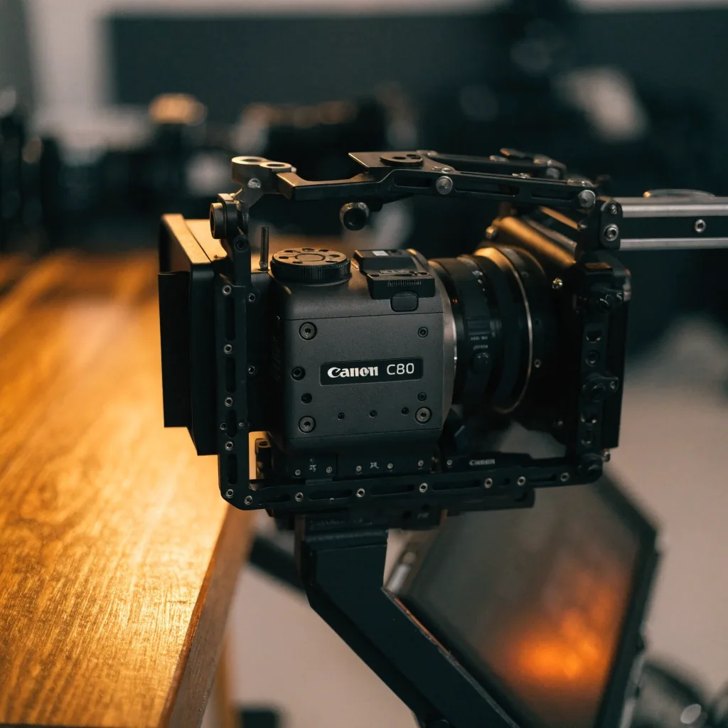 Cámara de cine sobre trípode en un set de entrevista con luz cálida lateral