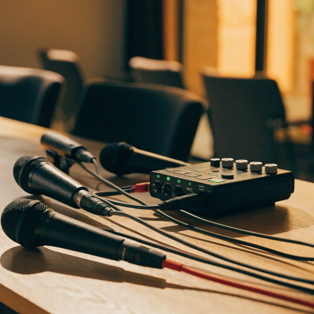 Grabadora de audio portátil con micrófonos conectados sobre una superficie clara