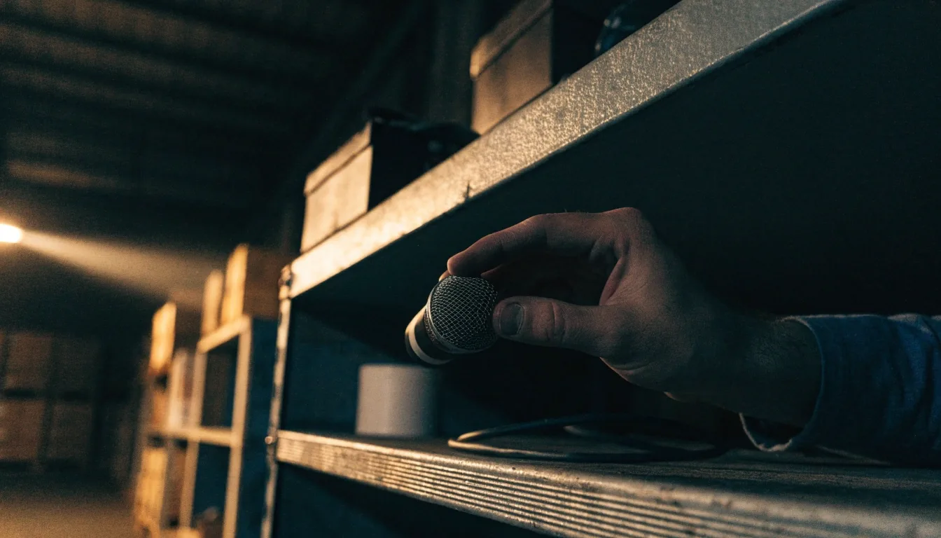 Mano levantando un micrófono pequeño de una estantería de cajas grises en un depósito nocturno