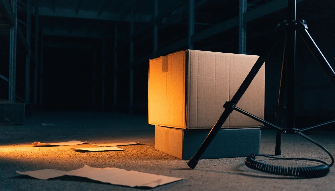 Caja de envío sobre una caja gris junto a un trípode y un cable enrollado