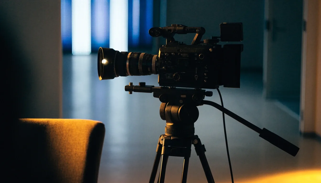 Cámara de cine sobre trípode en un set de entrevista con panel LED al costado