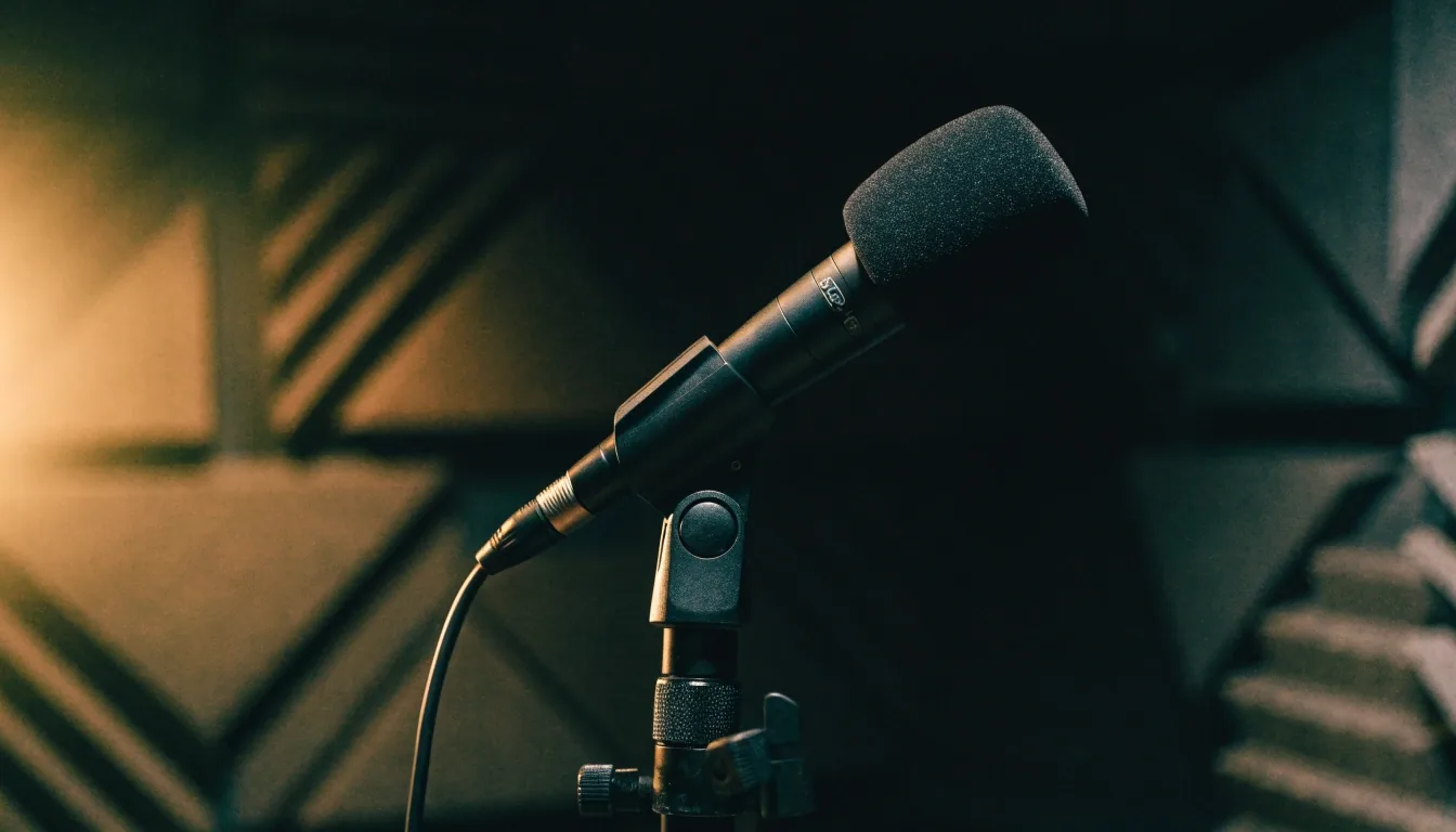 Micrófono dinámico vocal sobre brazo con cable en espiral en un set oscuro