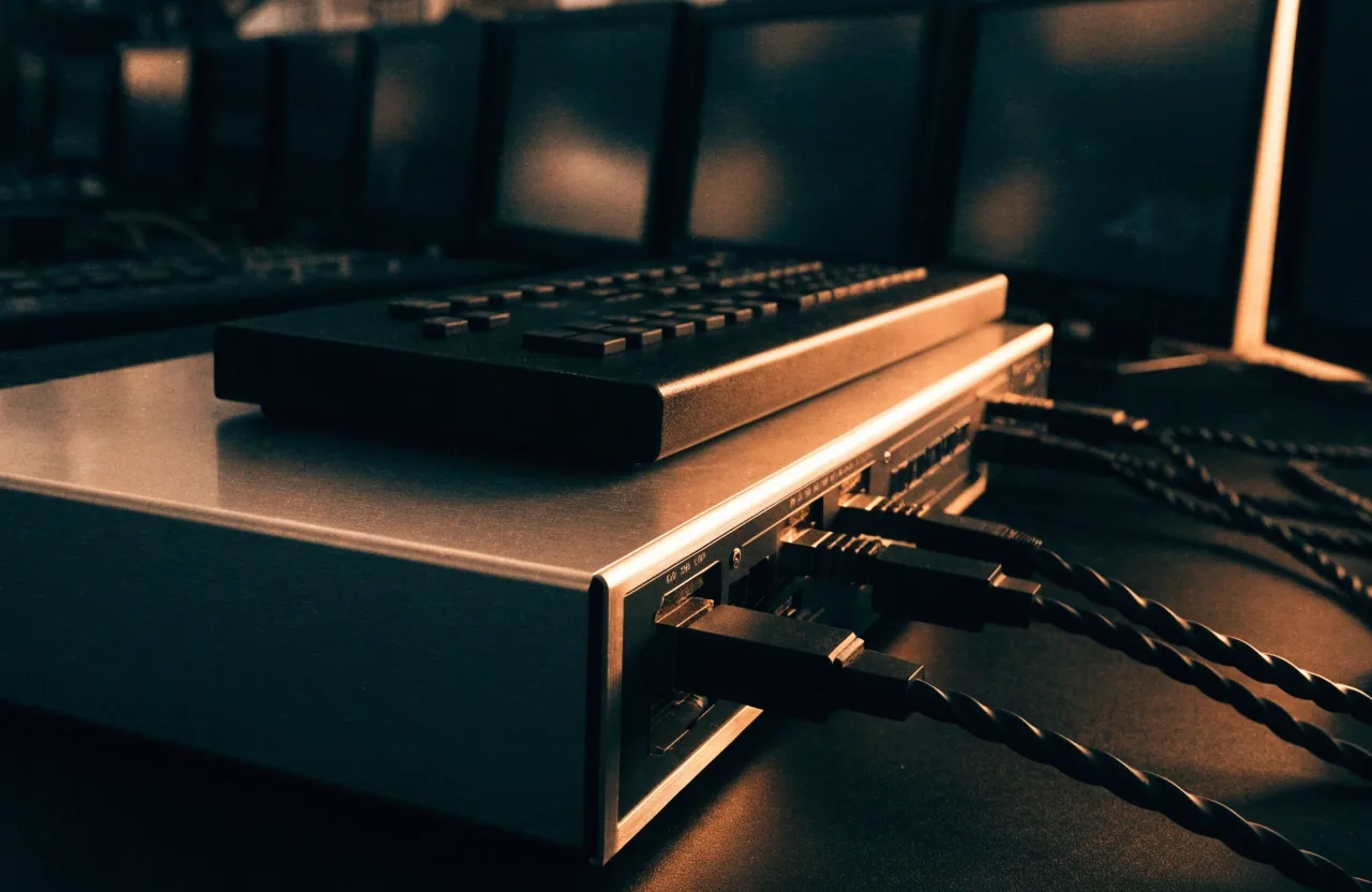 Switcher de video de perfil sobre un mostrador oscuro con cables trenzados
