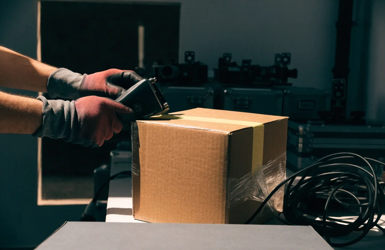 Caja de cartón sellada con cinta y cable de micrófono enroscado junto a un cajón de embalaje