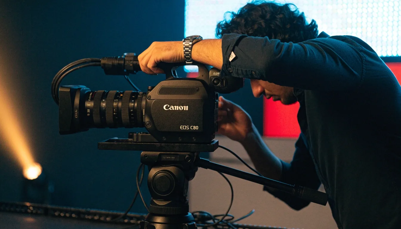 Cámara de cine compacta sobre trípode en un set de entrevista con panel LED bicolor