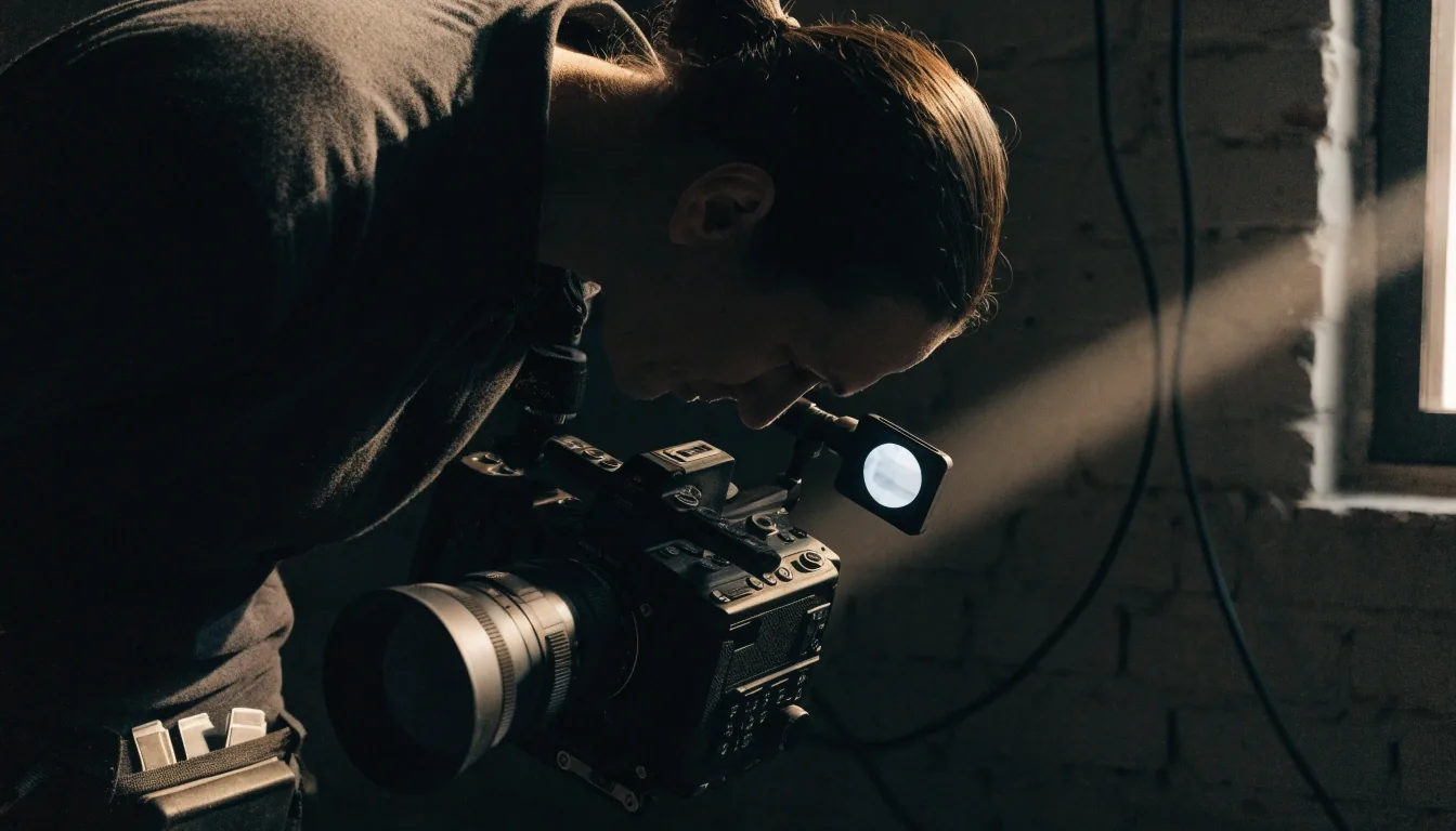 Cámara full-frame de cine en hombro con luz de ventana lateral
