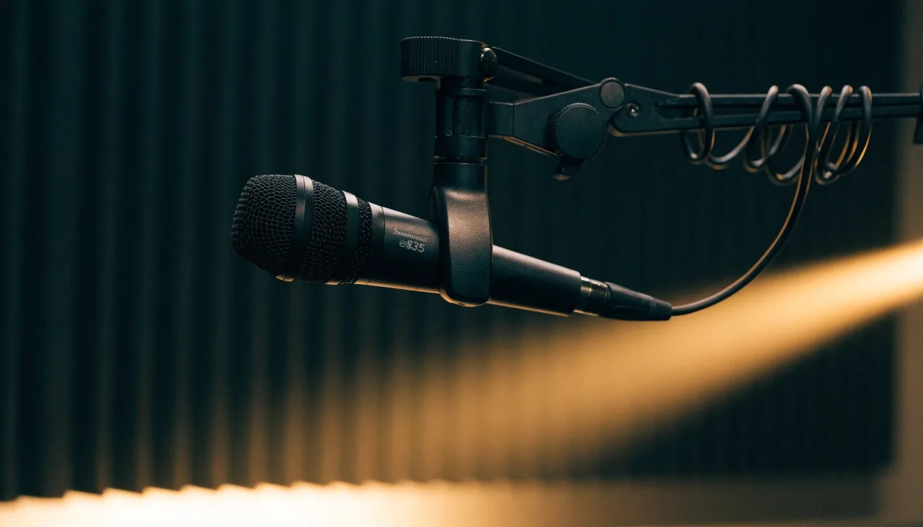 Micrófono dinámico vocal sobre brazo con cable en espiral en estudio oscuro