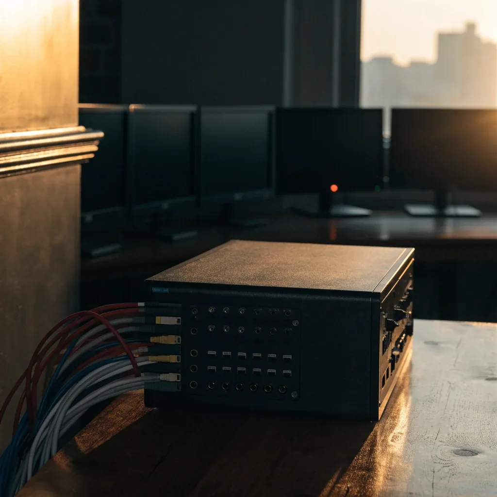 Panel switcher de producción sobre mostrador con cables trenzados y monitores apagados al fondo