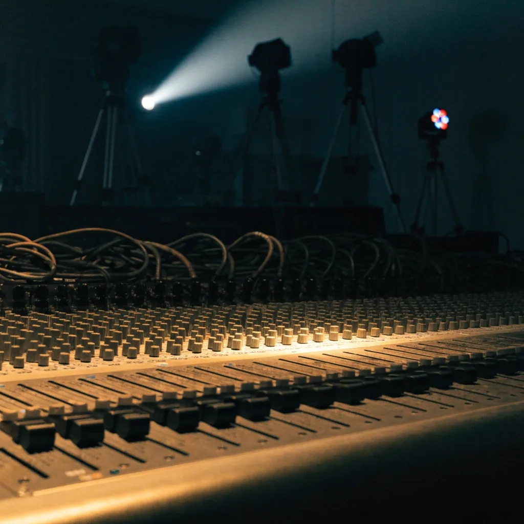 Primer plano de una consola de mezcla con faders y cables bajo una luz cálida lateral
