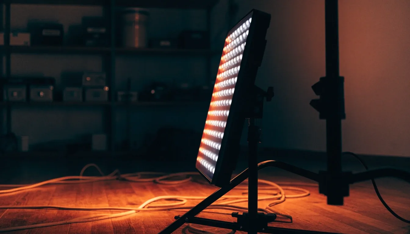Rincón de estudio nocturno con panel LED bicolor sobre soporte y cables en el piso