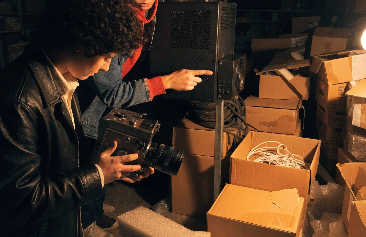 Manos revisando el panel de conexiones de una cámara de cine sobre una caja gris en un depósito