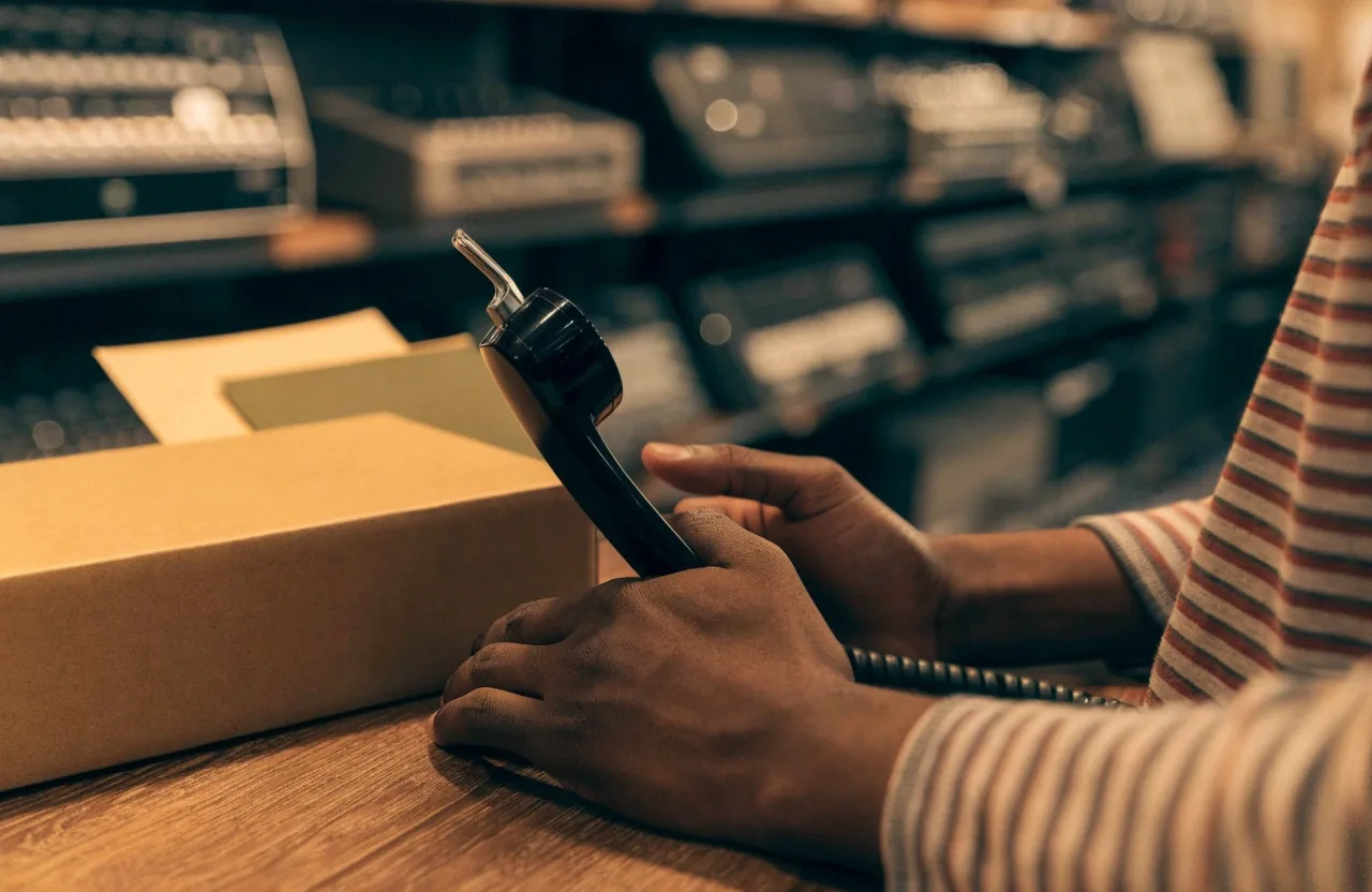 Mostrador de la tienda con un teléfono fijo, hojas dobladas y una caja de envío lista para despachar
