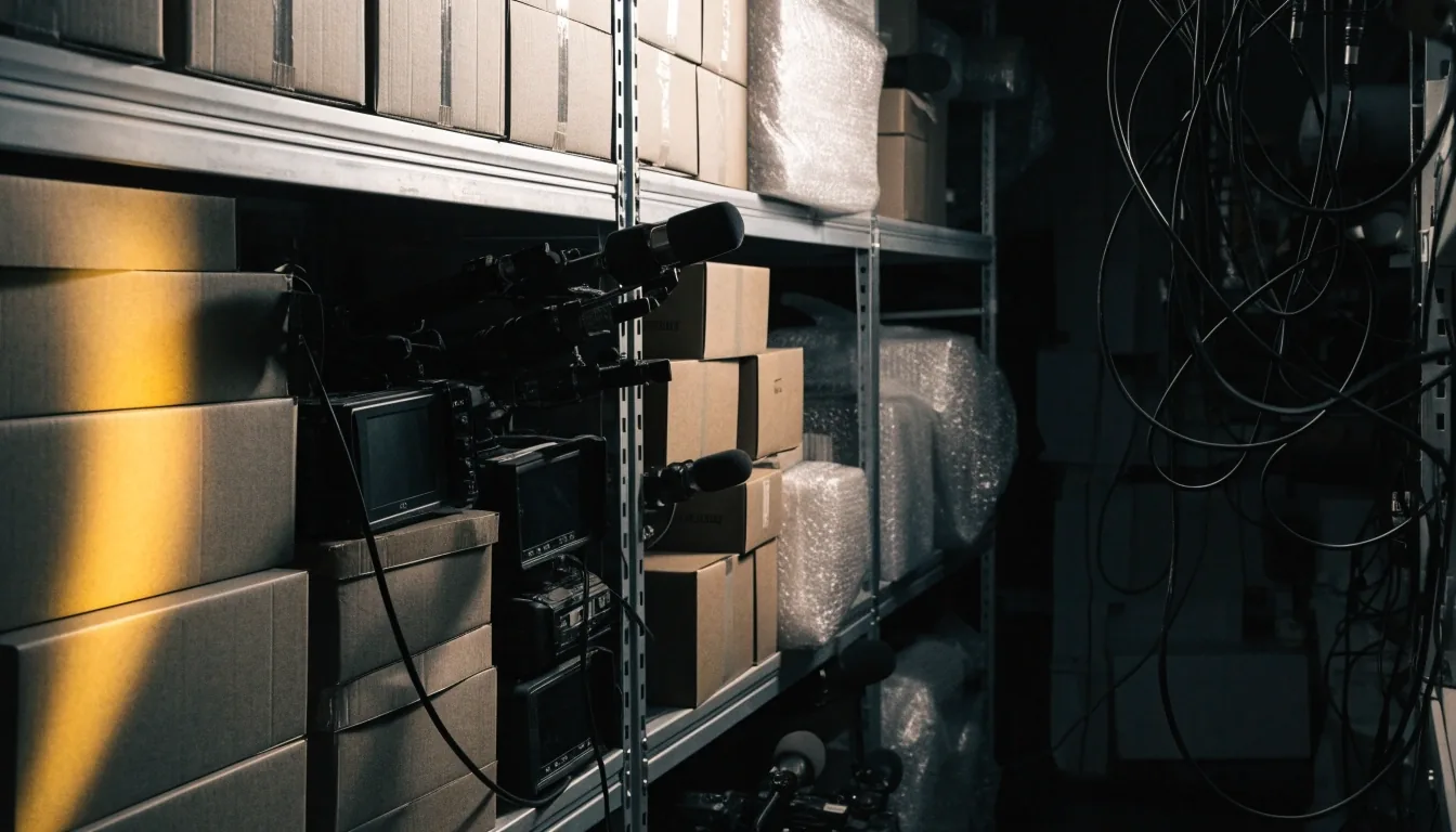 Estantería de cajas grises con equipos de filmación y micrófonos en el interior del local, a la noche