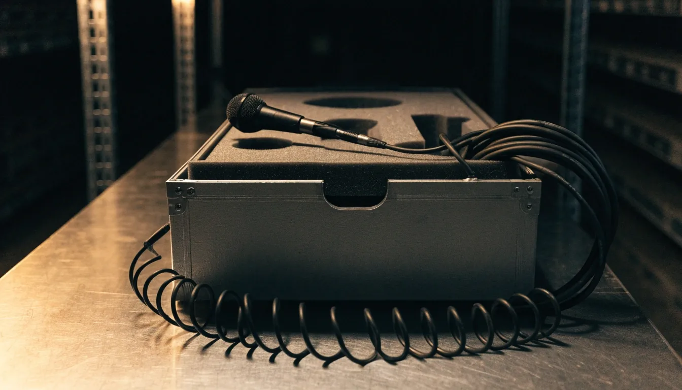 Caja de equipos con cables y micrófono sobre la superficie, iluminada por una luz cálida lateral