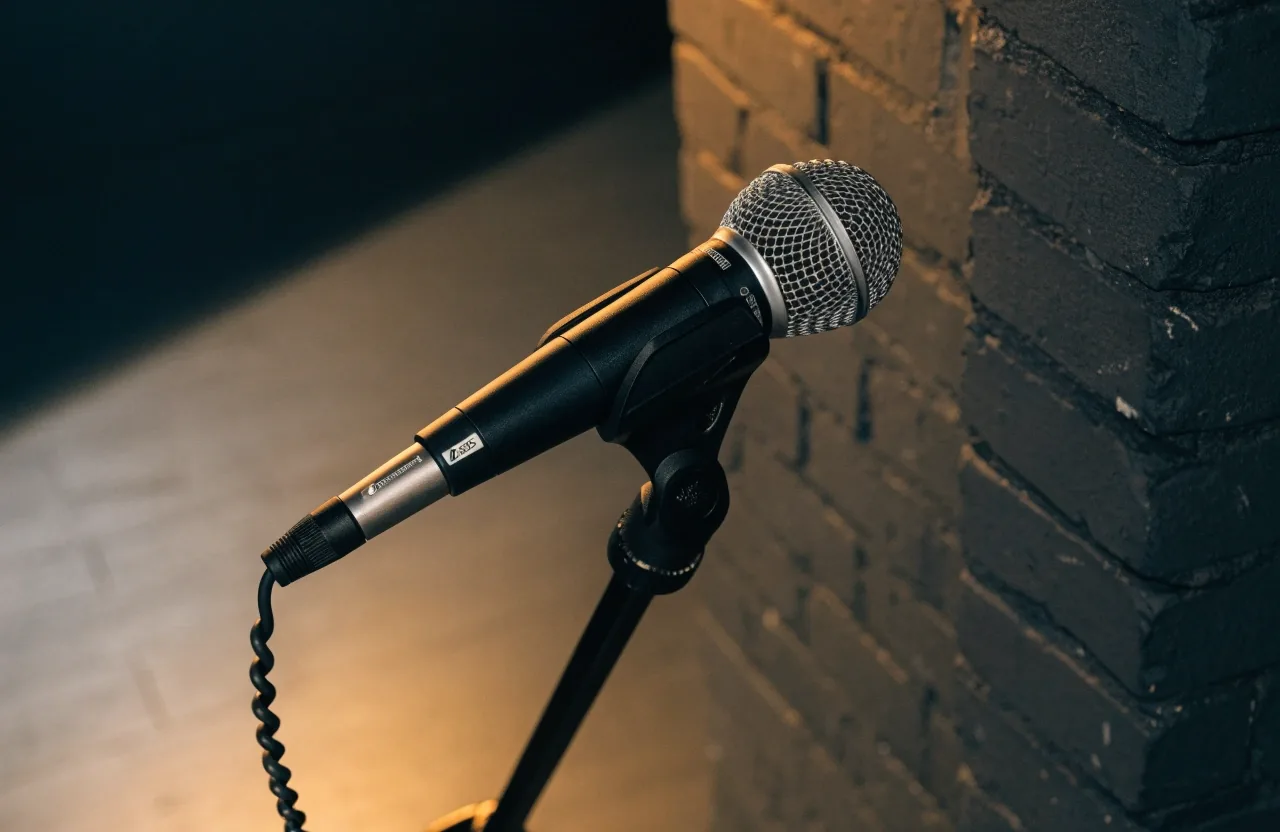 Hoja superior con el micrófono dinámico vocal sobre el muro