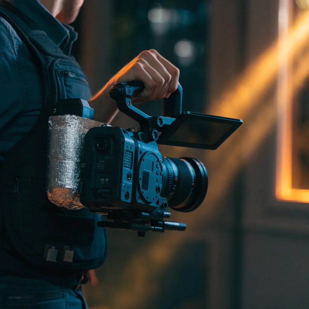 Cámara de cine full-frame sobre un cabezal fluido en un set de entrevista nocturno