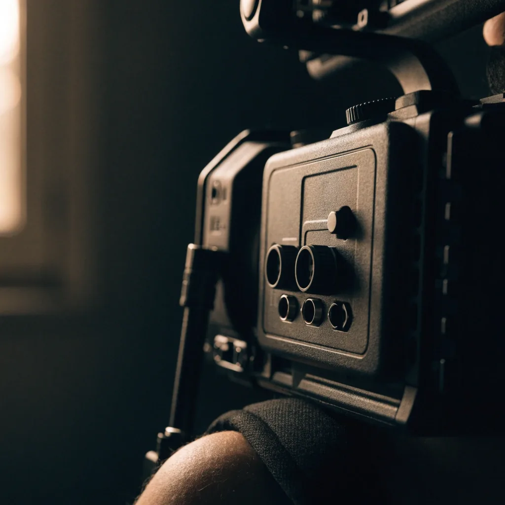 Detalle de los conectores laterales de la cámara de cine, sin etiquetas visibles