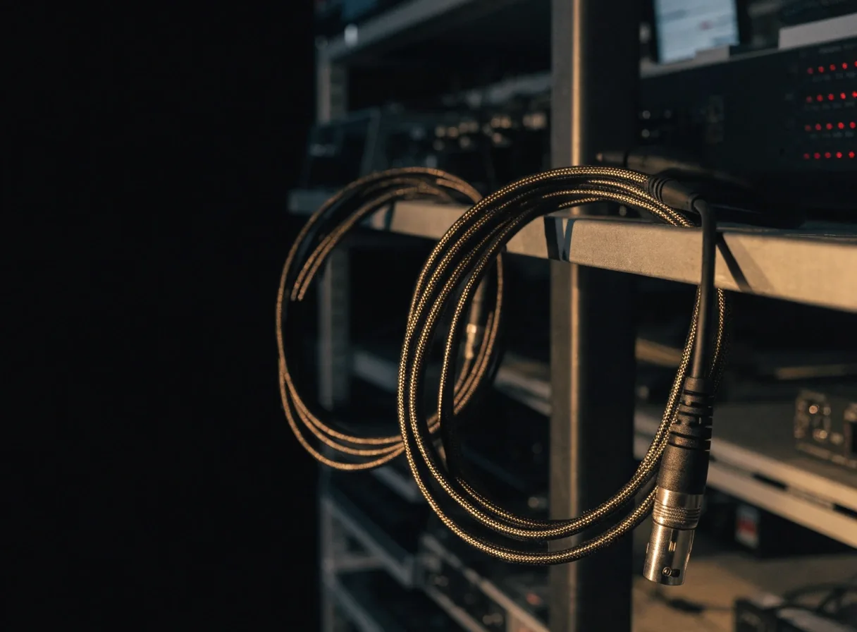 Cables XLR enrollados sobre estante de crate gris en estudio oscuro
