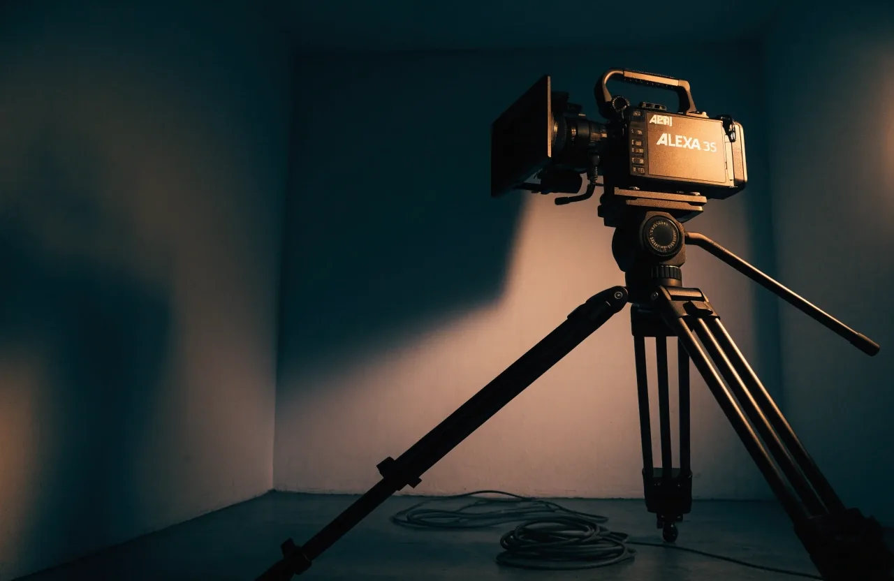 Cámara de cine large format sobre trípode pesado en estudio oscuro