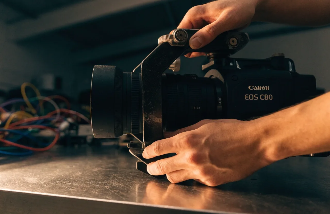 Cámara de cine full-frame negra sobre mesa de acero en cuarto oscuro