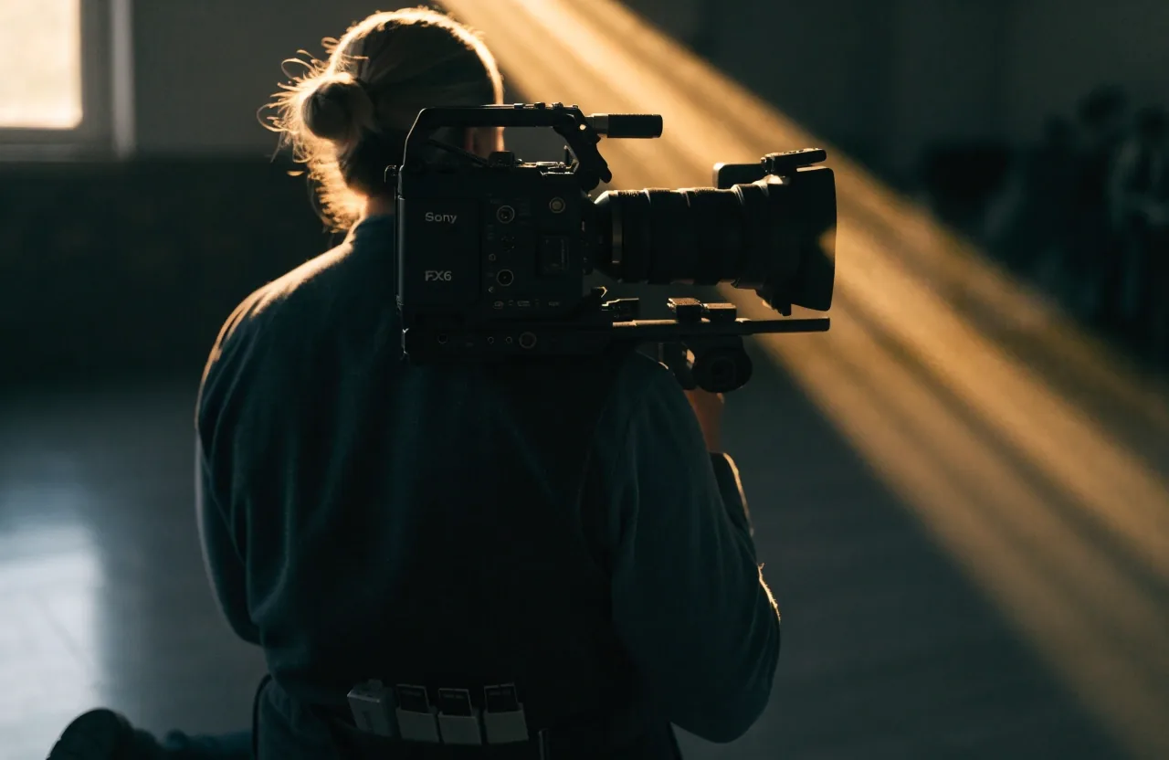 Cámara full-frame en mano sobre hombro en set oscuro con luz de ventana