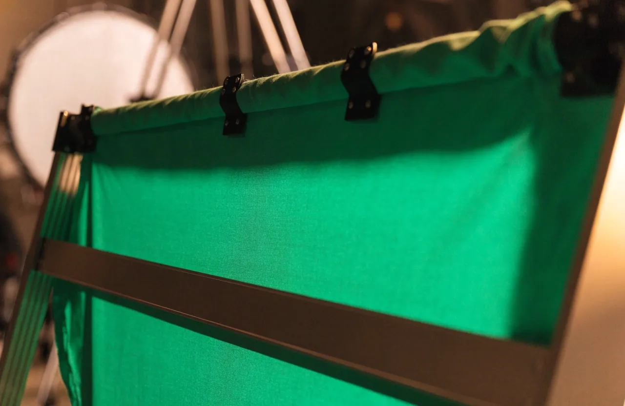Fondo croma verde colgado en bastidor de estudio con luz rasante lateral
