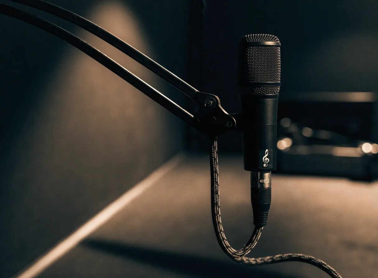 Micrófono dinámico vocal sobre brazo boom con cable en espiral en set oscuro