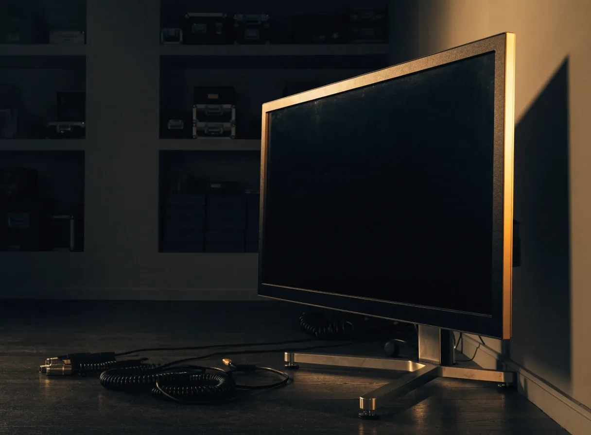 Monitor de estudio con pantalla apagada sobre soporte en rincón oscuro