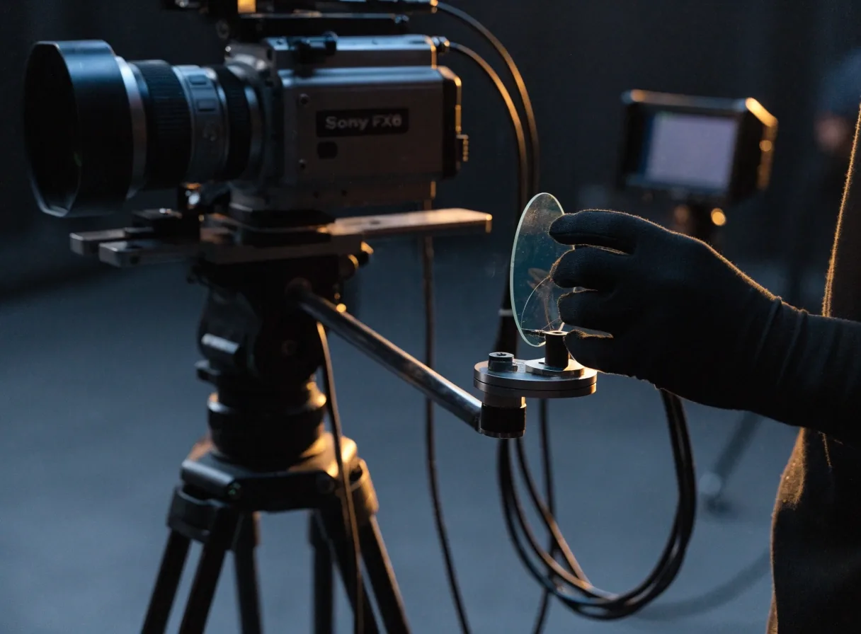 Teleprompter montado frente al lente de una cámara en estudio oscuro