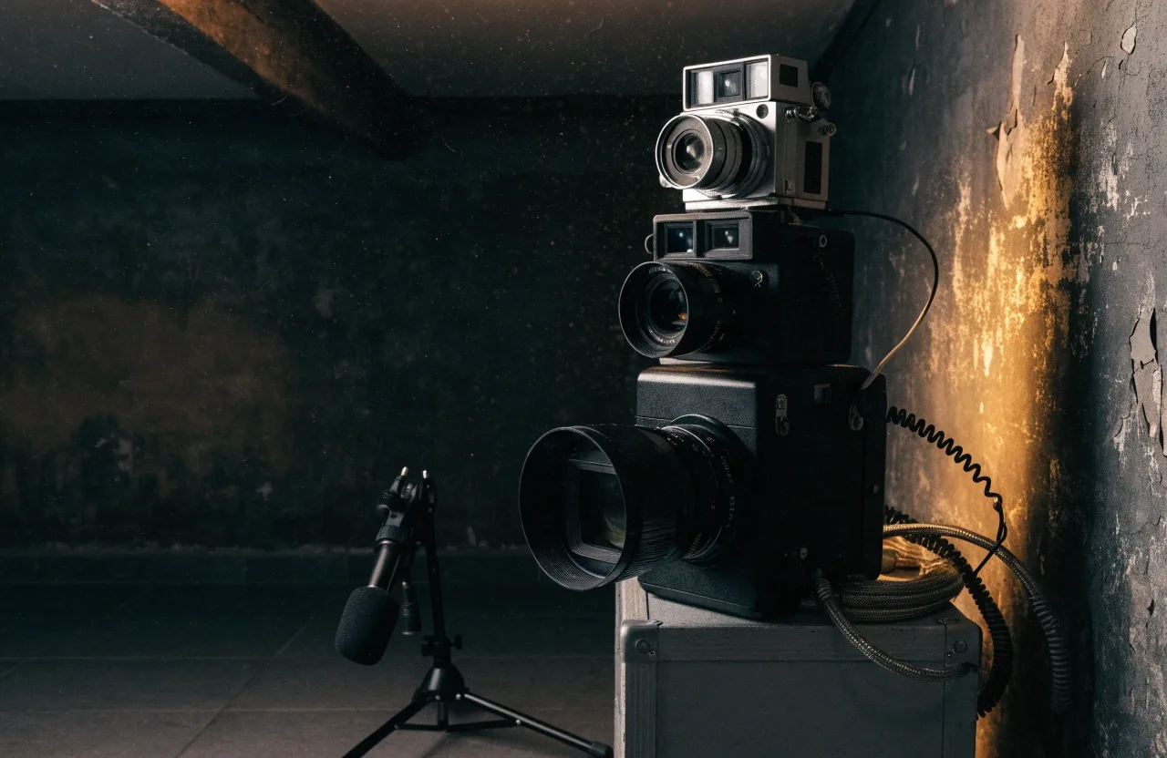 Tres cámaras de cine apiladas sobre crate gris en estudio oscuro con luz rasante