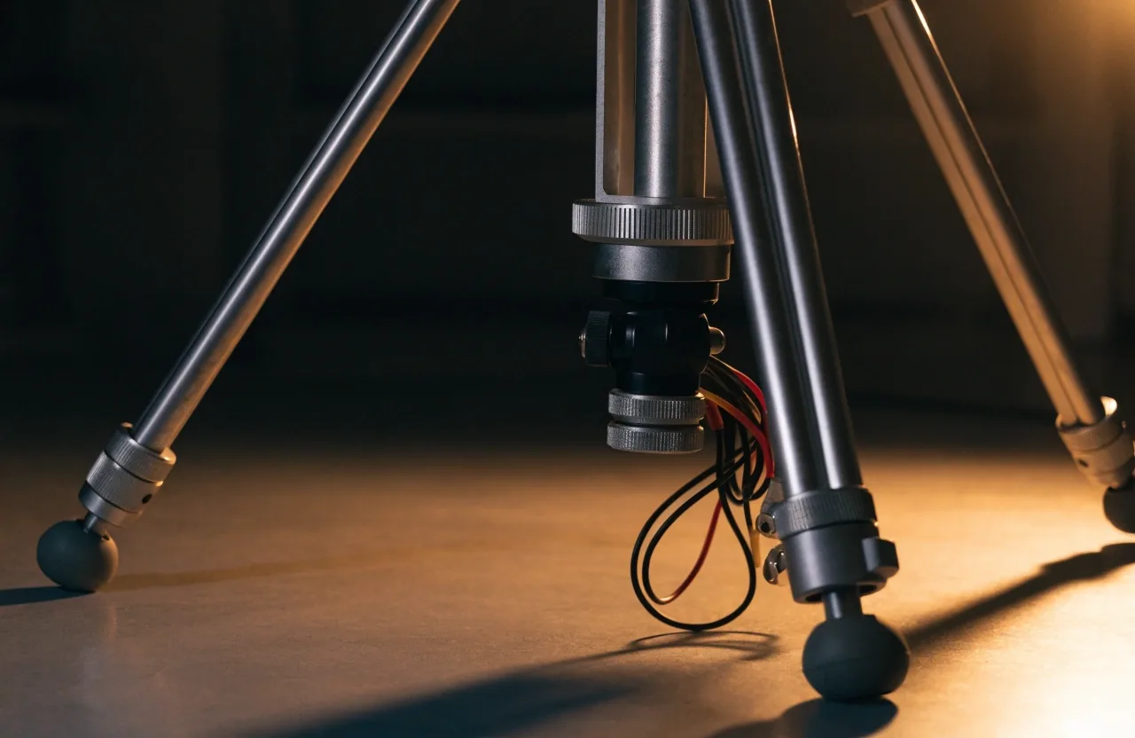 Trípode de video con cabezal fluido sobre piso de estudio oscuro