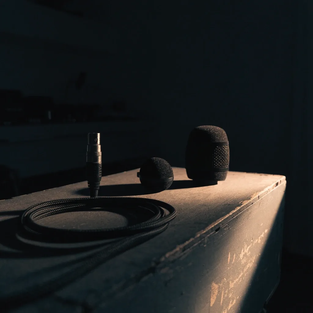 Crate gris en sala oscura con cable, araña antivibración y antiviento de micrófono ordenados encima