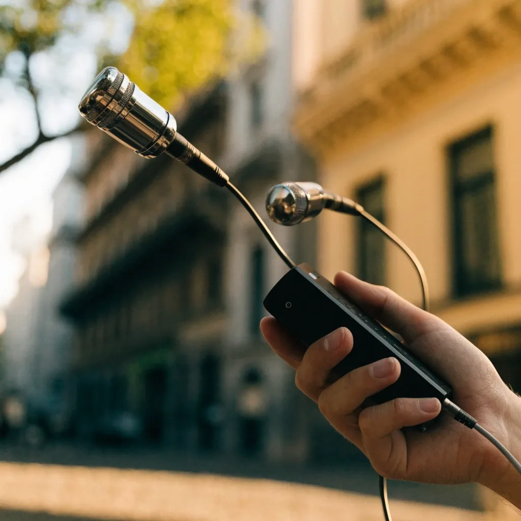 Micrófono USB de escritorio de pie sobre papel claro, con luz lateral cálida