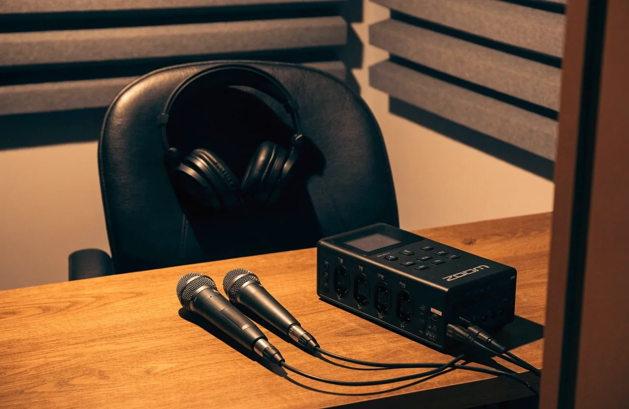 Sala de estudio alquilada de noche, con micrófono sobre la mesa, audífonos y cables ordenados en el piso
